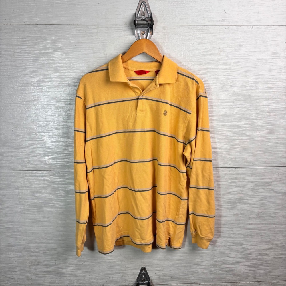 Y2K IZOD Yellow Striped Long Sleeve Polo Shirt Medium